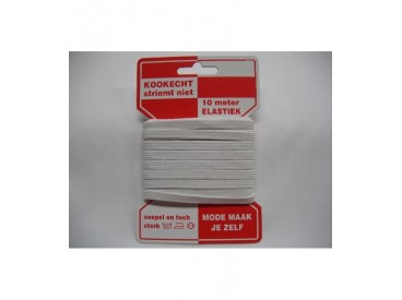 Wit pyjama elastiek op kaart kookecht, striemt niet  6 mm breed, 10 mtr. lang 