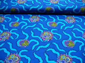 Quiltkatoen Blauw met aqua krinkel en bloem 1030q