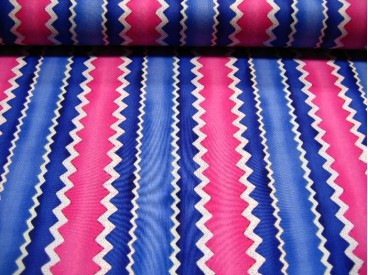 Quiltkatoen Witte lengte zigzag met pink en blauw 1043q