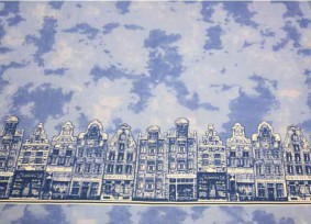 Delfts blauwe stof blauw gevlekt met huisjes  24tg