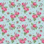 Een mintgroene poplin/katoen met roze/rode roosjes. 100% Katoen 1.45 mtr. br. 110 gram p/m2