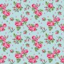 Een mintgroene poplin/katoen met roze/rode roosjes. 100% Katoen 1.45 mtr. br. 110 gram p/m2