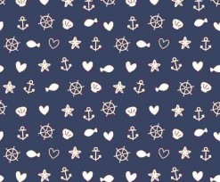 Een donkerblauwe poplin/katoen met een witte zeevaart print. 100% katoen 1.45 mtr.br. 110 gram p/m2