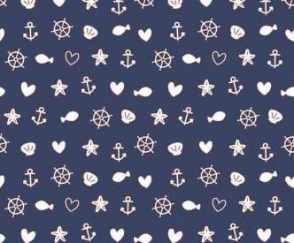 Een donkerblauwe poplin/katoen met een witte zeevaart print. 100% katoen 1.45 mtr.br. 110 gram p/m2