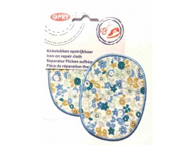 Kniestukken Offwhite  met lichtblauwe bloemen en lichtblauw randje  371-67
