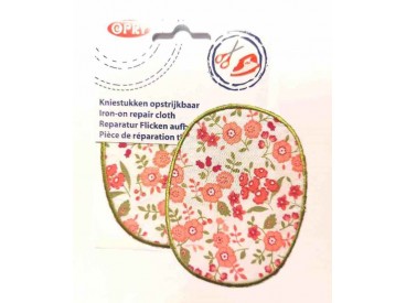 Kniestukken Offwhite  met roze bloemen en groen randje  371-59