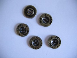 Oudgoud kleurige metalen jeansknoop. 15 mm. doorsnee.
