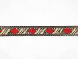 Goudkleurig sinterklaasband met een rode  ruit. Uitstekend geschikt voor Sinterklaaspakken en Zwarte Piet kleding. 15 mm. breed