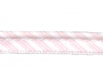 Paspelband. Babyroze/wit gestreept. 12 mm breed. 70% polyester/30% katoen