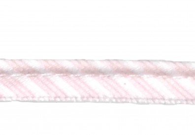 Paspelband. Babyroze/wit gestreept. 12 mm breed. 70% polyester/30% katoen