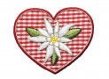 Applicatie hart. Rood boerenbontruit en een edelweis. 6,5 x 5,5 cm