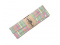 Biaisband gestreept. Lichtgrijs gemeleerd met fluor strepen. 3 mtr. 2 cm breed. 96 % viscose en 6 % elastan