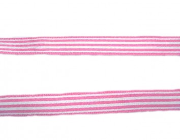 Roze/wit gestreept sierlint van 9 mm. breed.