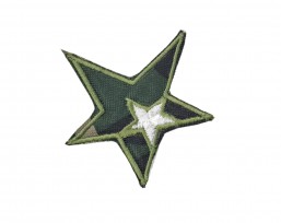 Een opstrijkbare legerapplicatie met een doorsnee van 6 cm. Legergroen met groen randje en witte ster