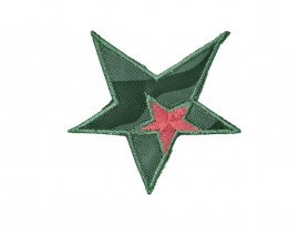Een opstrijkbare ster applicatie leger met een rode ster. Legergroen met donkergroene randen. Doorsnee 5 - 6 cm.