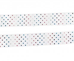 Satijnband wit met multi-color stipjes  Breed: 25 mm  100% polyester