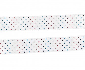Satijnband wit met multi-color stipjes  Breed: 25 mm  100% polyester