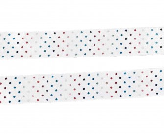 Satijnband wit met multi-color stipjes  Breed: 25 mm  100% polyester