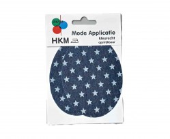 Kniestukken van HKM. Per 2 verpakt.  Donker jeansblauw met heel lichtblauwe sterren. Opstrijkbaar. 8.5 x 11.5 cm