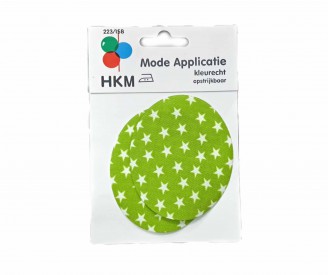 Kniestukken van HKM. Per 2 verpakt. Lime met witte sterren. Opstrijkbaar. 7.5 x 9