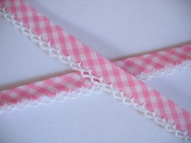 Biaisband Roze boerenbont met ruche. dubbel 15 mm. br.