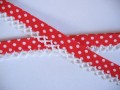 Biaisband Rood met witte stip en ruche. Dubbel 15 mm. br. 