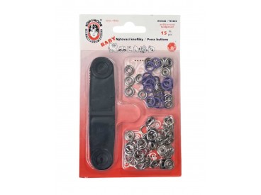 Babydrukkers. Donkerpaarse inslag drukknoop met werktuig. Een open rondje. Doorsnee 9.7 mm. 15 stuks per pakje