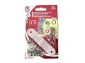Babydrukkers. Pinkkleurige inslag drukknoop met werktuig. Een open rondje. Doorsnee 9.7 mm. 15 stuks per pakje