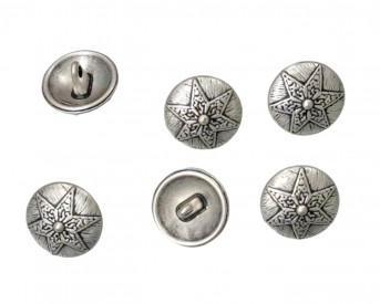 Metalen cosplay knoop op een steeltje met 6 puntige ster. Oudzilverkleurig en bewerkt.  Doorsnee: 18 mm.