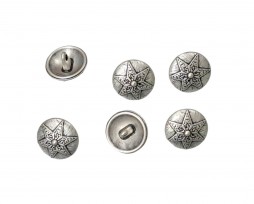 Metalen cosplay knoop op een steeltje met 6 puntige ster.   Oudzilverkleurig en bewerkt.  Doorsnee: 15 mm.
