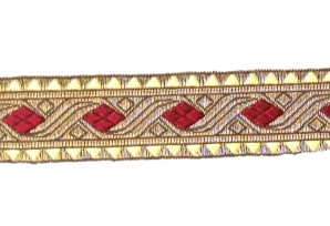 Sinterklaasband goud met donkerrode ruit  30mm  1074