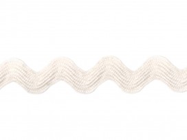 Zigzagband creme  Breedte ongeveer 12 mm. (Gemeten aan de buitenkant van de boogjes)  De golf is ongeveer 6 mm breed.  