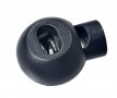Koordstopper, zwarte bol met 1 gat  Doorsnee bol 18 mm  Lengte 22 mm  Kunststof met een metalen veertje.