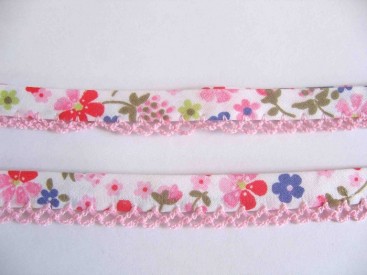 Biaisband met roze ruche Wit met multicolor bloem 44