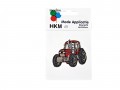 Applicatie van een rode tractor  Deze is opstrijkbaar  Afmetingen ongeveer 6,5 cm x 5,5 cm.