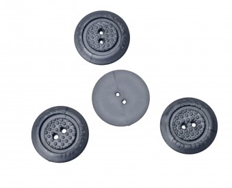 Roos Bizzkids kunststof knoop  2 gaats Grijs met de woorden Roos en Bizz Kids  Doorsnee ongeveer 27 mm.