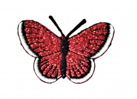 Een opstrijkbare vlinder applicatie van 5 x 3.5 cm. Rood glitter