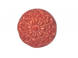 Een rode kunststof bloemknoop op een steeltje.  Doorsnee ongeveer 12,8 mm