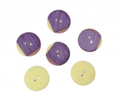 Een paars/roze/gele kunststof knoop  Doorsnee ongeveer 17,5 mm.  Met 2 gaten