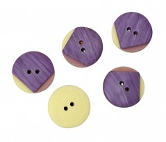 Een paars/roze/gele kunststof knoop  Doorsnee ongeveer 20 mm.  Met 2 gaten