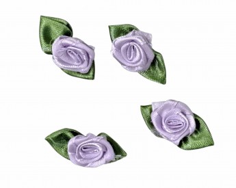 Opnaaibare bloemapplicatie  Lila roosje met groen bladvormig strikje  Ongeveer 30x15 mm.  Worden per stuk verkocht