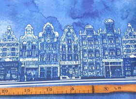 Delfts blauwe stof blauw gevlekt met huisjes  24tg