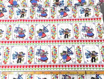 Delfts blauwe stof, gekleurd, met tulpen  100% katoen  1.50 mtr.br.  123 gr/m²