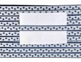 Sierband met blauwe sterretjes en blauwe randen op een witte achtergrond.  Breed:  12 mm