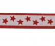 Sierband met rode sterretjes en rode randen op een witte achtergrond.  Breed:  12 mm