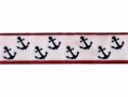 Sierband met rode rand en blauwe ankers op witte achtergrond  Breed:  12 mm