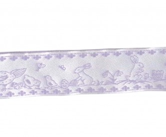 Pastel lila sierband met kip, kuiken en haasje  33 mm breed