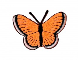 Vlinder applicatie, opstrijkbaar  Neon oranje met wit randje  Veel feller dan op de foto.  Ongeveer 5 x 3,5 cm