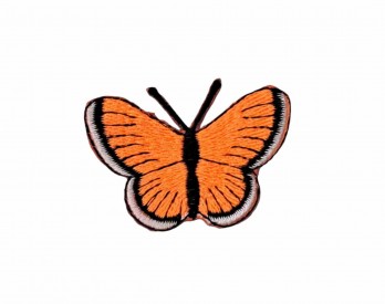 Vlinder applicatie, opstrijkbaar  Neon oranje met wit randje  Veel feller dan op de foto.  Ongeveer 3,5 x 2,5 cm