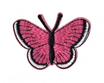 Vlinder applicatie,opstrijkbaar.  Pink. Met wit randje  Ongeveer 5 x 3,5 cm